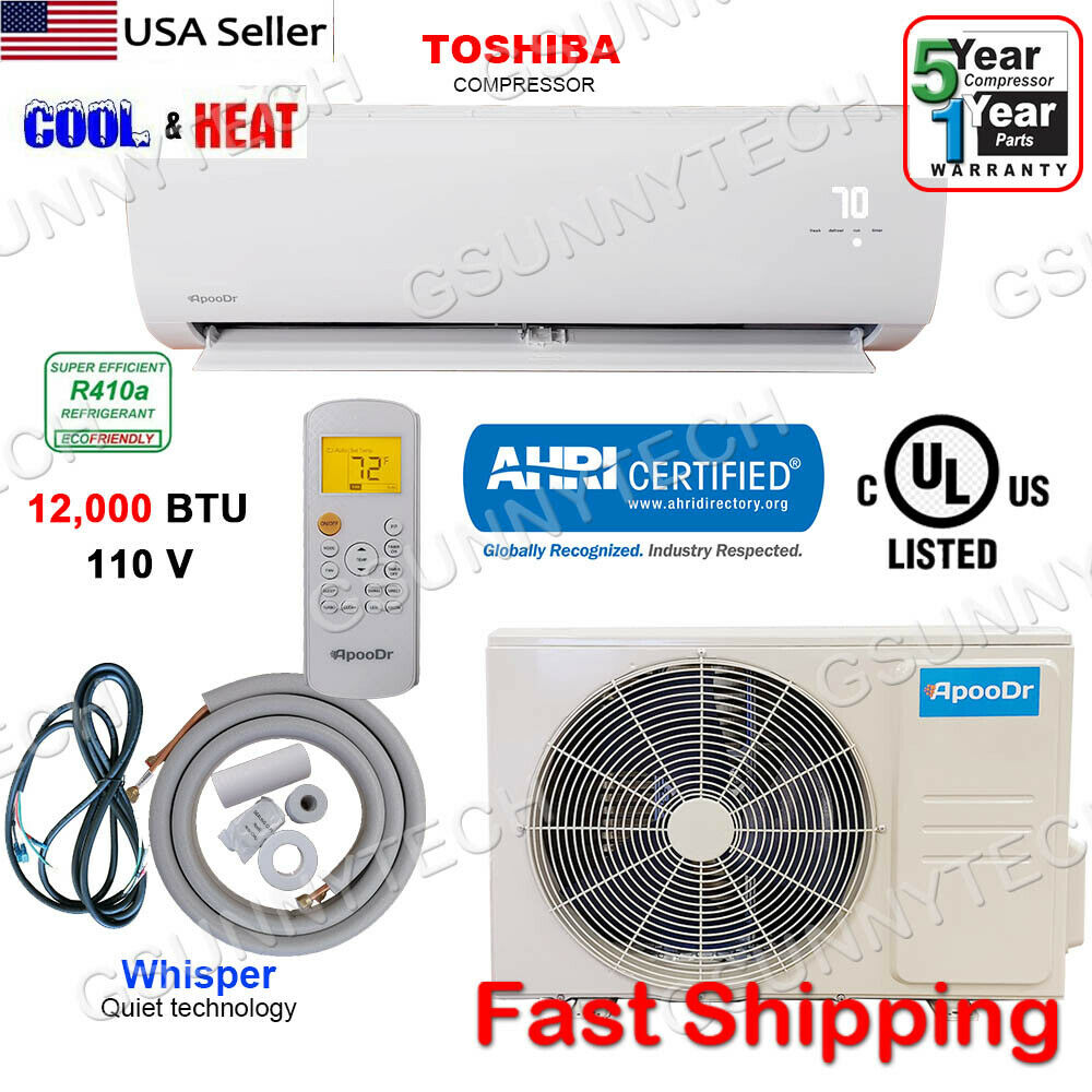 12,000 Btu Ductless Air Conditioner Heat Pump Mini Split 110v 1 Ton With/kit